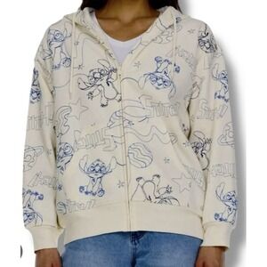Disney Stitch Women's Embroidered Zip Hoodie Cream Size Large NWT